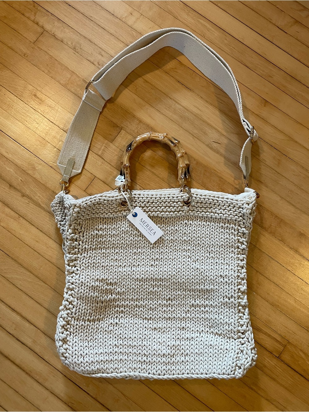 MERSEA NWT Crochet Knit Village Shopper Tote Bag Purse Crossbody Bamboo Handles